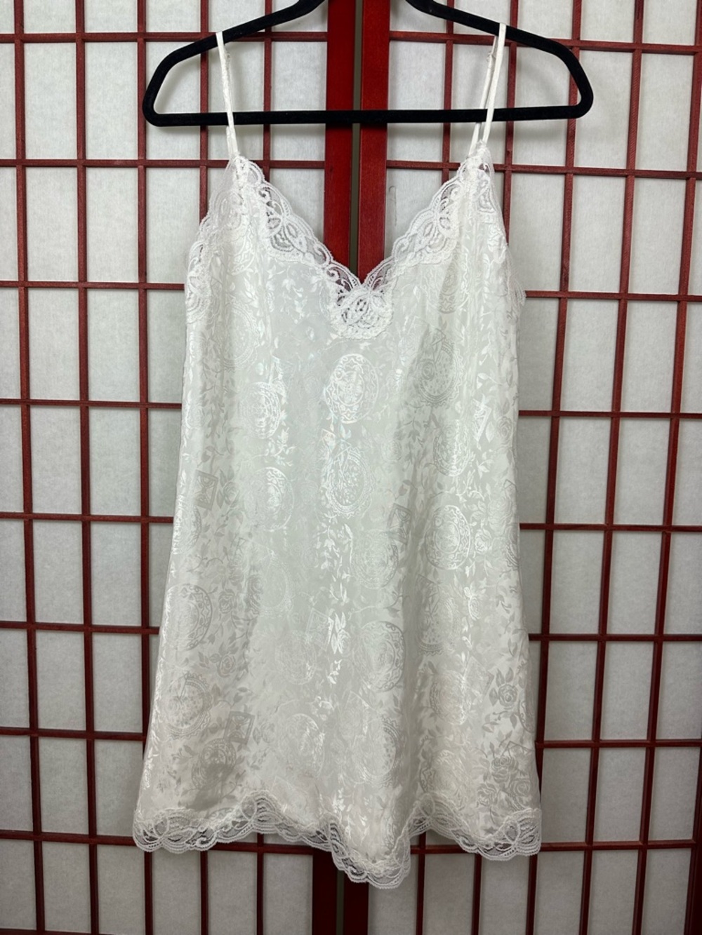 Vintage Victorias Secret Gold Label White Satin Pattern Lace Chemise Slip Dress
